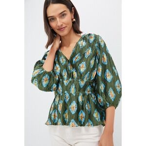 TUCKERNUCK Olive and Aqua Diamond Maisy Blouse Plisse V-Neck Smocked Waist Small